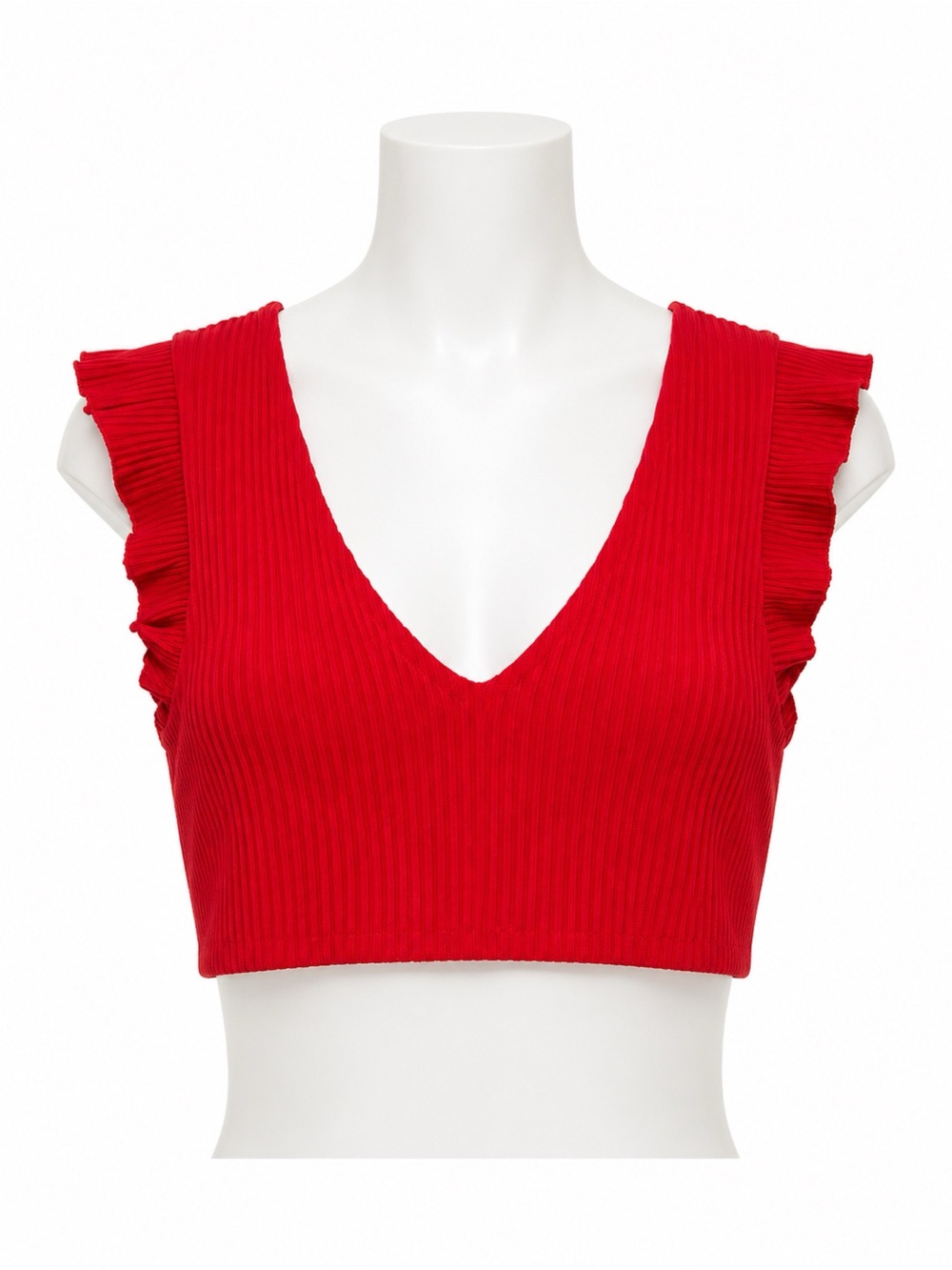 Size S Aritzia Wilfred Red Ribbed Ruffle Sleeve Crop Top V Neck Stretch